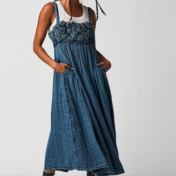 Free People Dresses & Skirts - Free People Dolly Midi Dress Blue XS Smocked Tiered Boho Flowy Cottagecore
